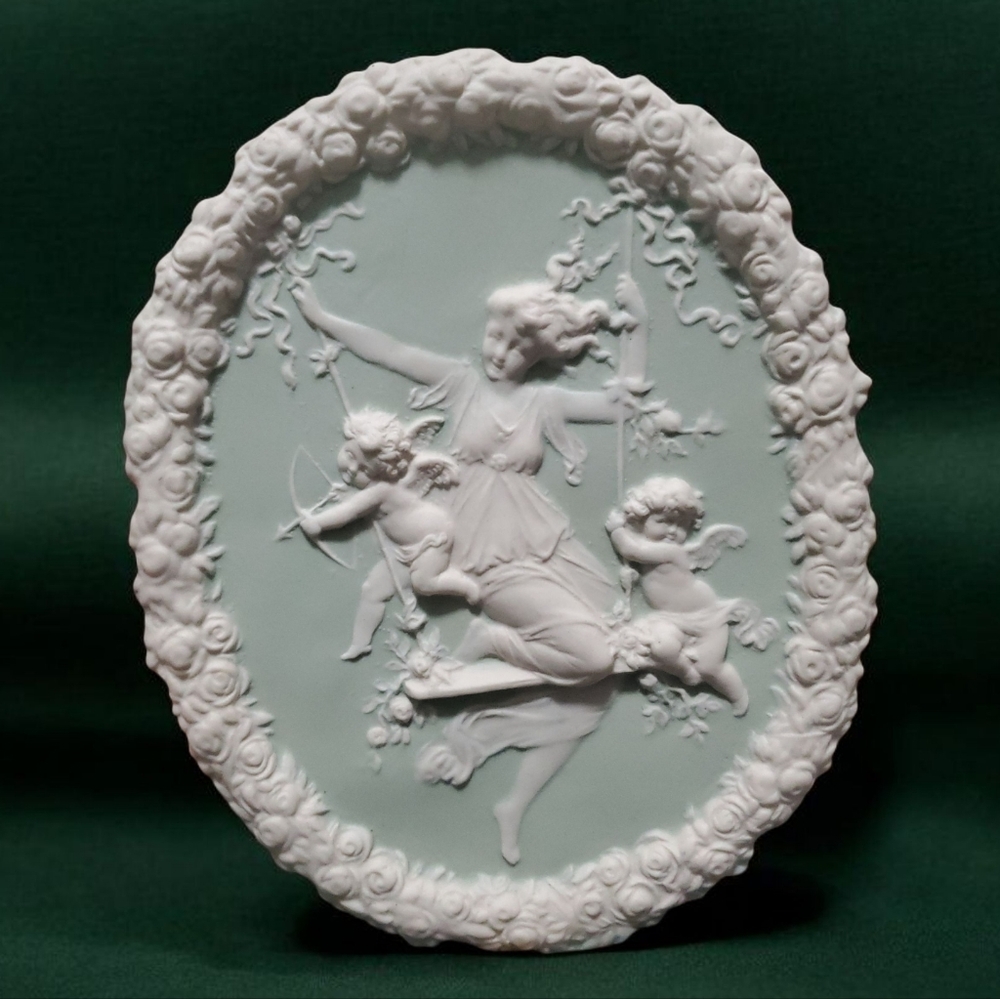 Victorian Jasperware Bisque Relief With Maiden Putti/Cupid On Swing